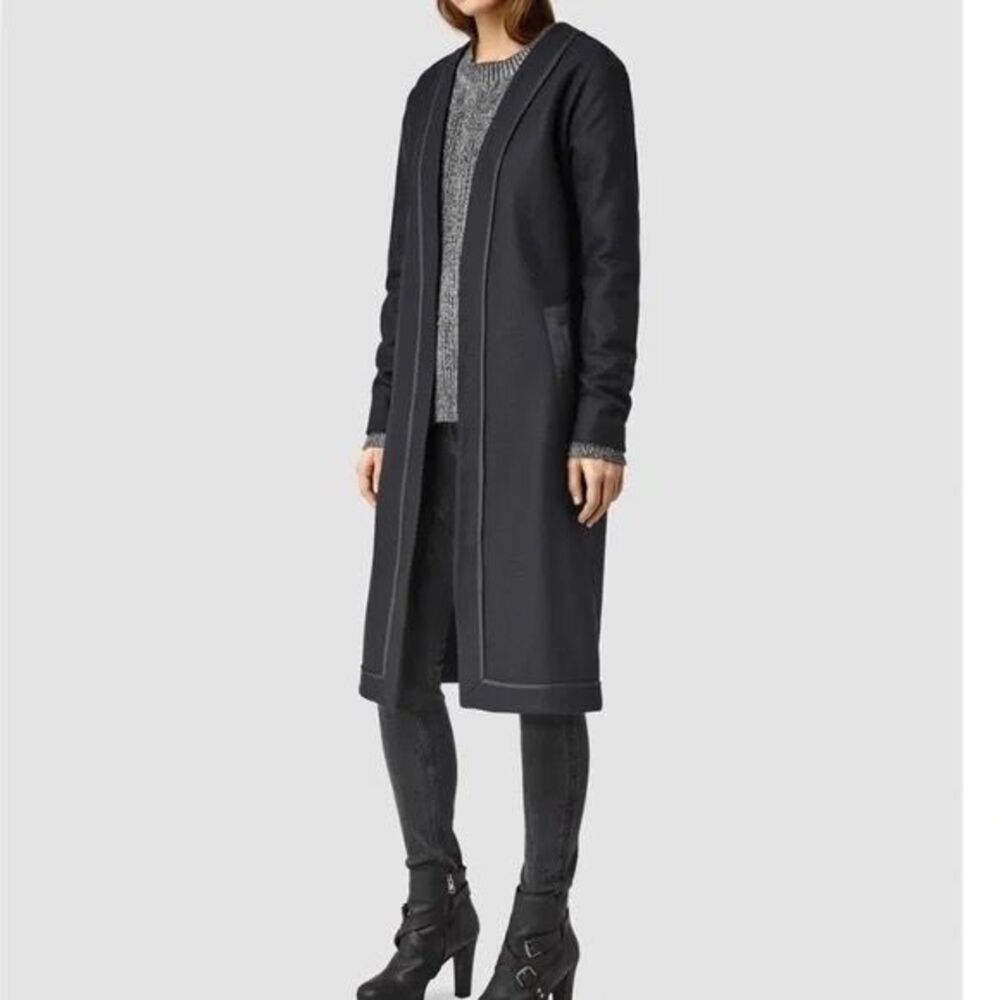 ALL SAINTS Bound Nesi Coat SMALL Italian Wool Blend Navy Midi Pockets Office - Picture 3 of 12